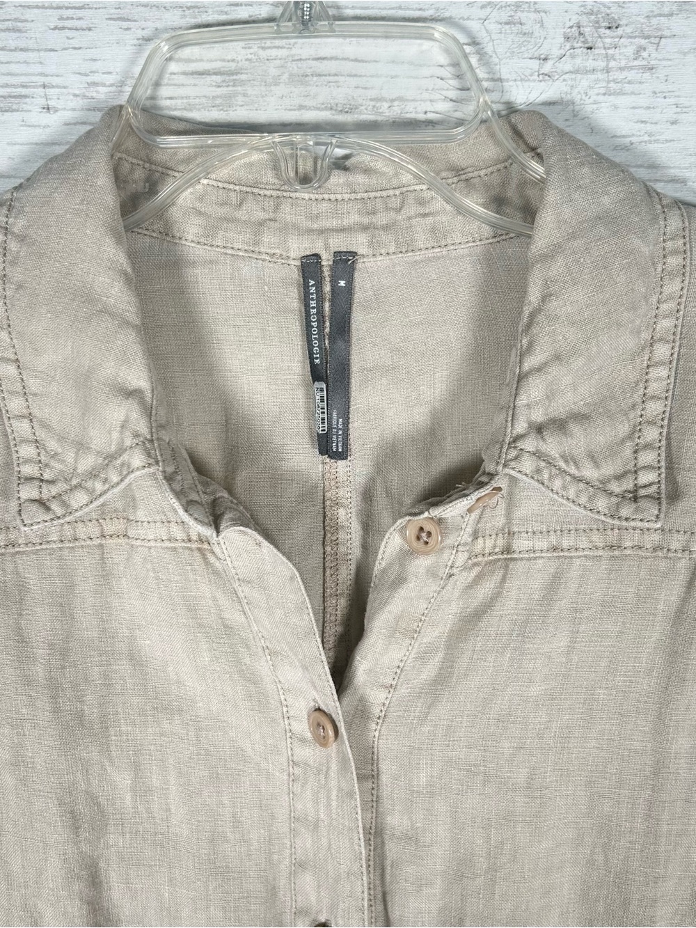 Anthropologie Linen Shirting Barrel Leg Cropped Putty Oatmeal Jumpsuit M - Picture 6 of 12